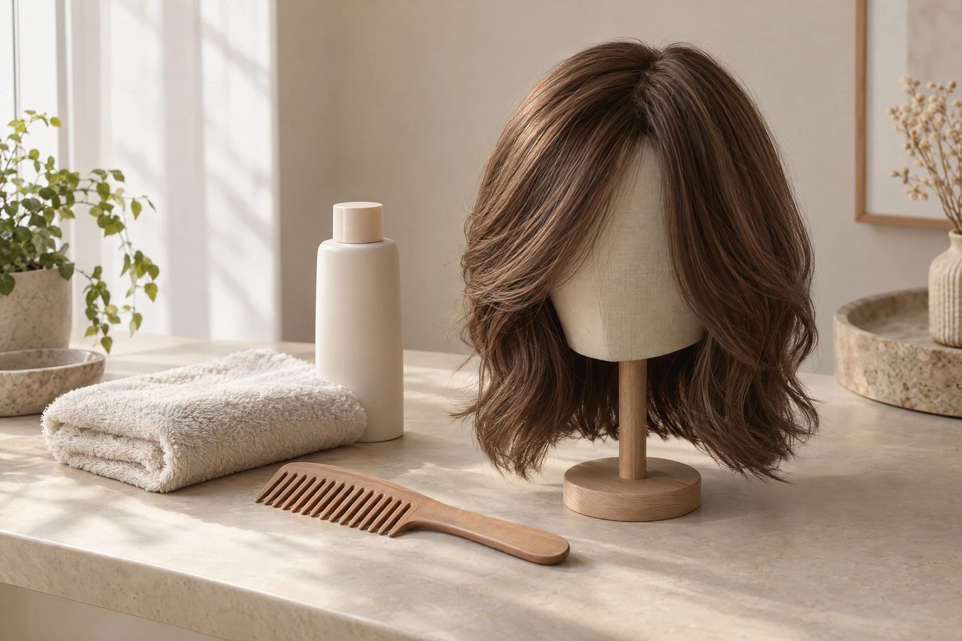 Wig stand, wide-tooth comb and towel arranged for a gentle care routine