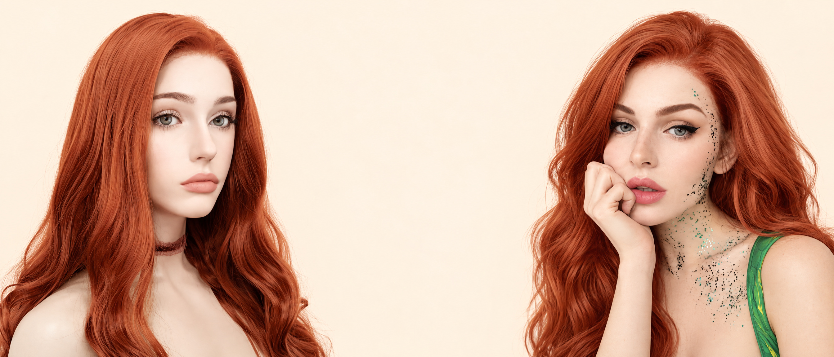 Two red-haired wig subjects in a continuous composition based on supplied images