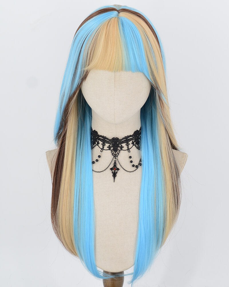 Blue Blonde Highlights Brown Synthetic Wig HW843 — view 1