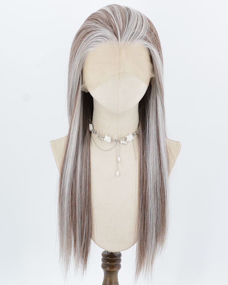 Brown Skunk Stripe Silver Synthetic Lace Front Wig WW1049 — view 1