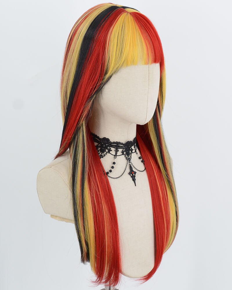 Yellow Red Highlights Black Synthetic Wig HW835 — view 2