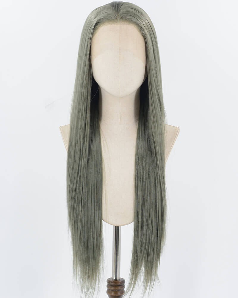 Grey Green Long Straight Synthetic Lace Front Wig WW919 — view 1