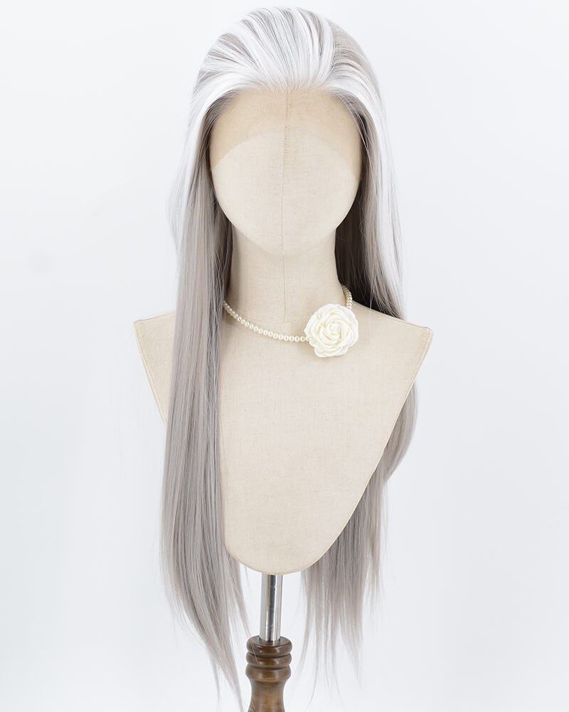Grey Skunk Stripe White Synthetic Lace Front Wig WW1018 — view 1