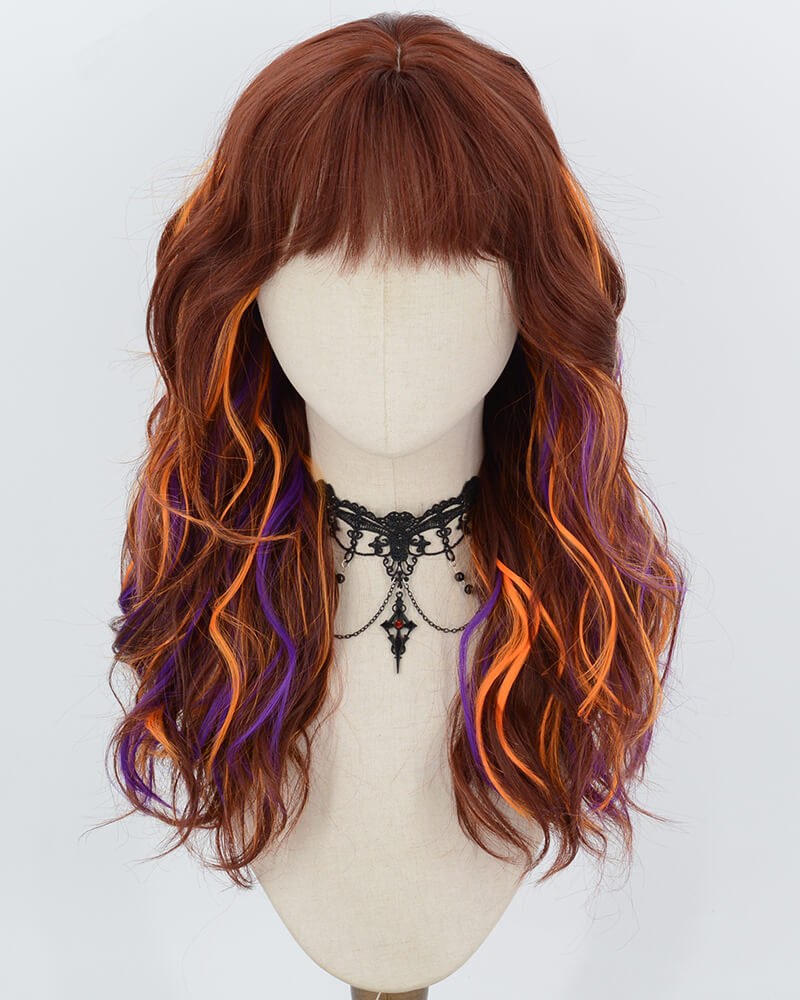 Catalog reference: Red Brown Highlight Orange Purple Curly Synthetic Wig HW868