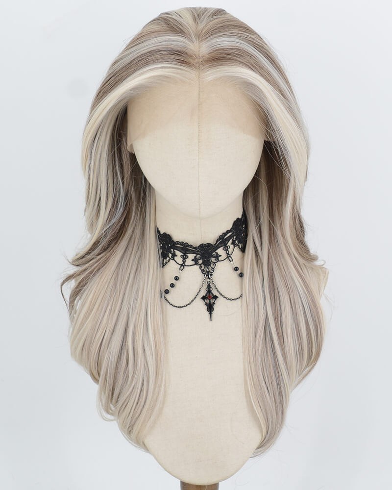 Creamy Blonde with Ash Brown Highlights Synthetic Lace Front Wig WW1072 — view 1