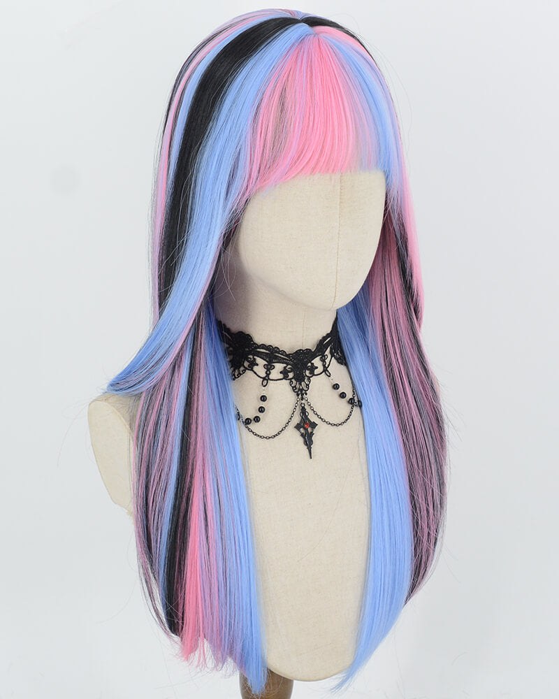 Pink Blue Highlights Black Synthetic Wig HW842 — view 2