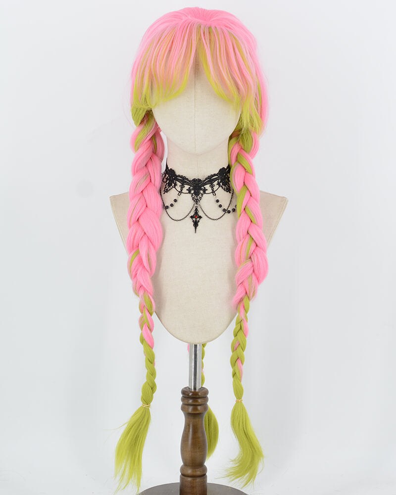 Mitsuri Kanroji Cosplay Pink Green Long Braided Synthetic Wig HW877 — view 1