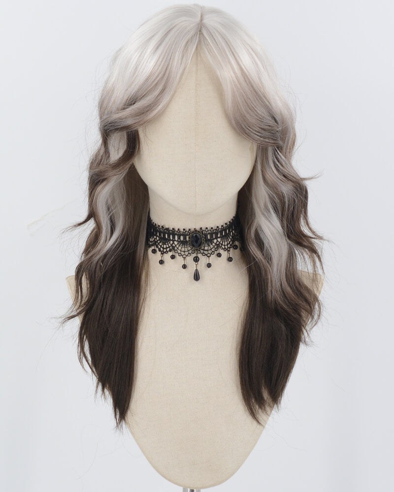 Silver Grey Ombre Brown Wavy Synthetic Wig HW718 — view 1