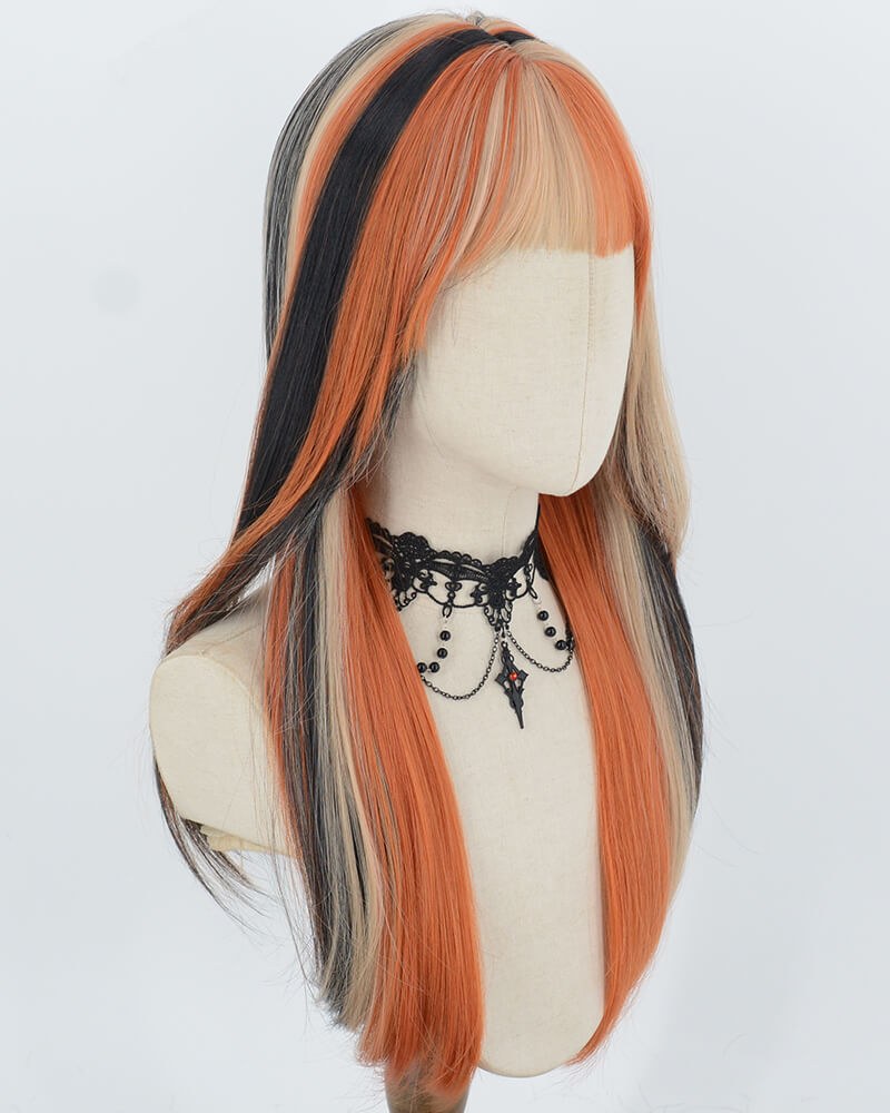 Orange Blonde Highlights Black Synthetic Wig HW844 — view 2
