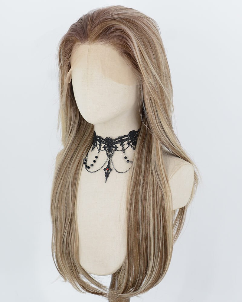 Brown With Beige Blonde Highlights Synthetic Lace Front Wig WW1070 — view 2