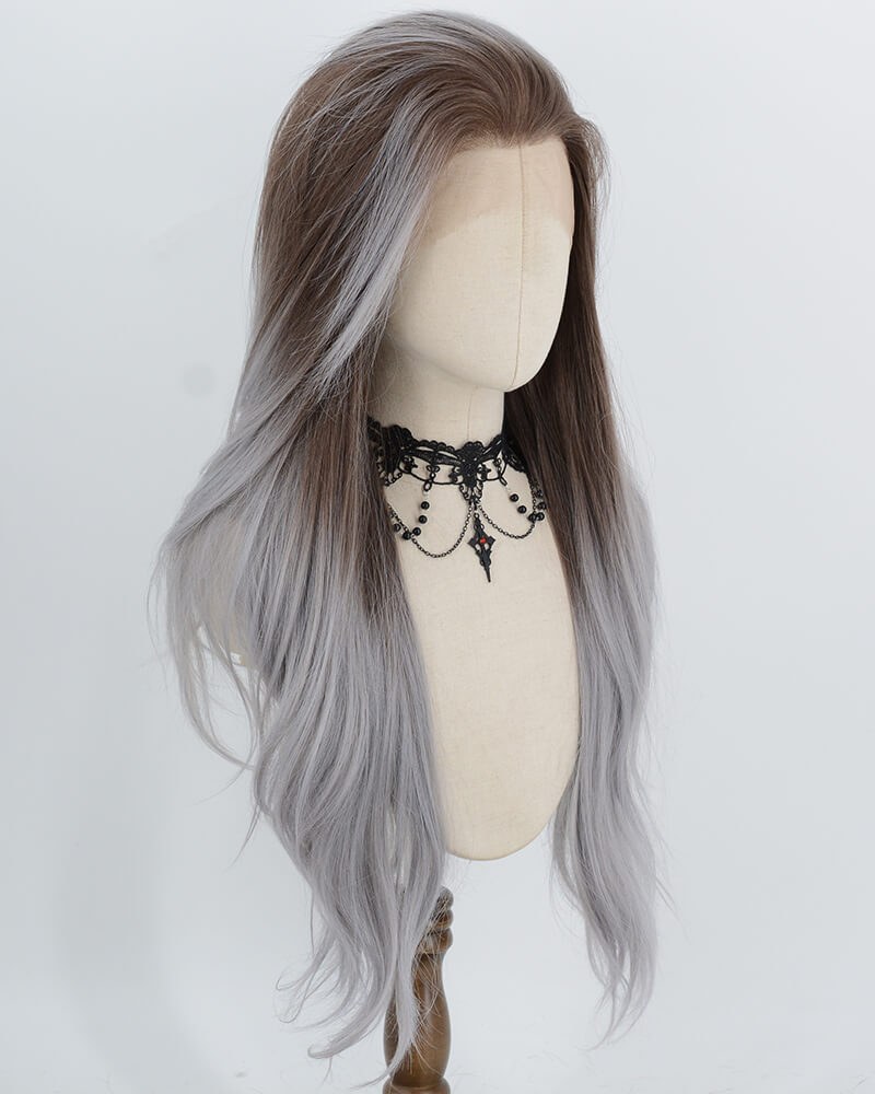 Brown Ombre Grey Blue Synthetic Lace Front Wig WW1064 — view 2