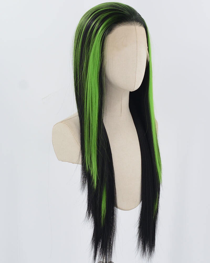 Black Green Long Straight Synthetic Lace Front Wig WW895 — view 2