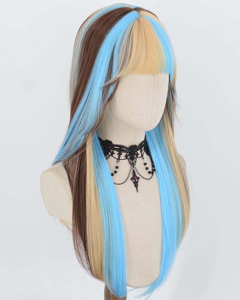 Blue Blonde Highlights Brown Synthetic Wig HW843 — view 2