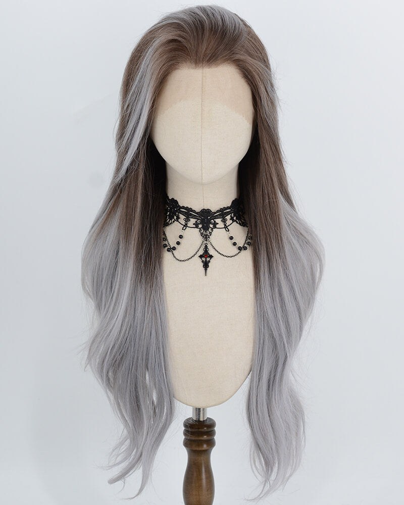 Brown Ombre Grey Blue Synthetic Lace Front Wig WW1064 — view 1