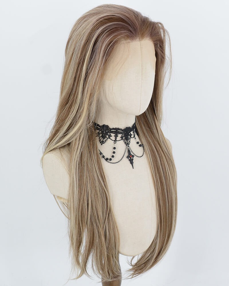 Brown With Beige Blonde Highlights Synthetic Lace Front Wig WW1070 — view 3