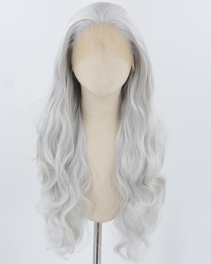 Silver Grey Long Wavy Synthetic Lace Front Wig WW906 — view 1