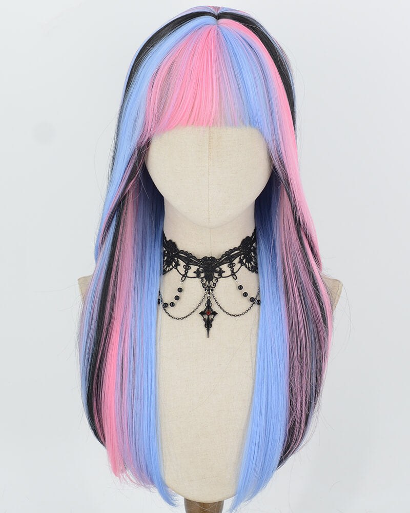 Pink Blue Highlights Black Synthetic Wig HW842 — view 1