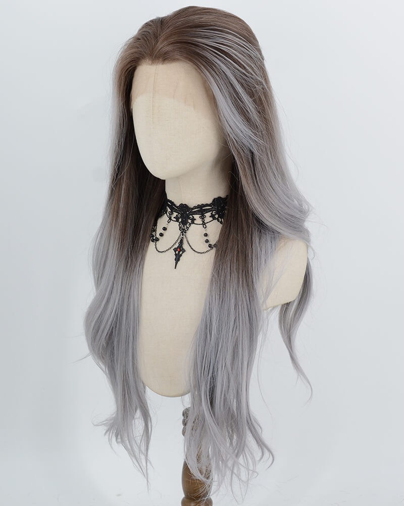 Brown Ombre Grey Blue Synthetic Lace Front Wig WW1064 — view 3
