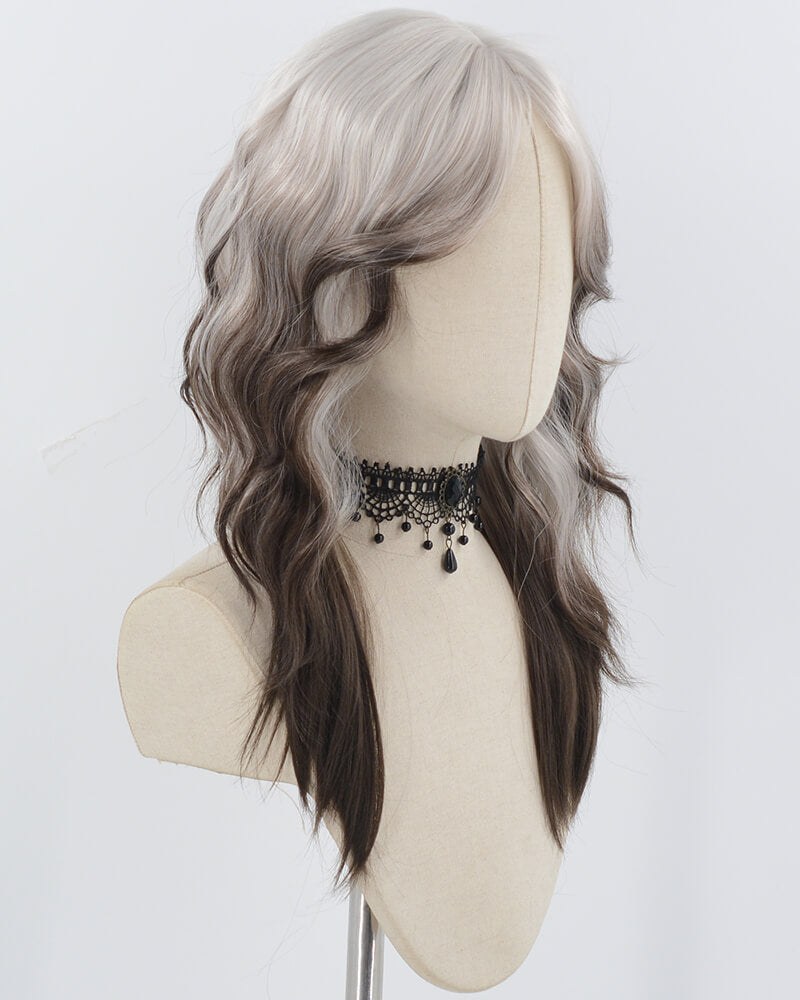 Silver Grey Ombre Brown Wavy Synthetic Wig HW718 — view 2