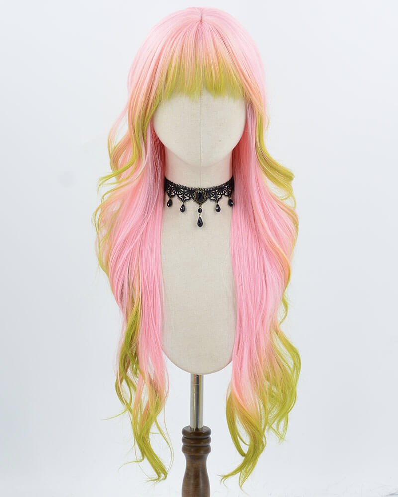 Pink Green Long Wavy Synthetic Wig HW768 — view 1