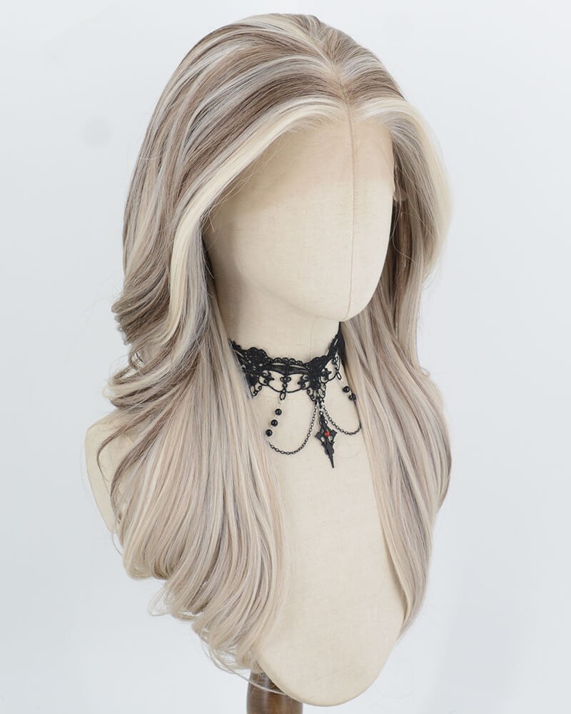 Creamy Blonde with Ash Brown Highlights Synthetic Lace Front Wig WW1072 — view 3