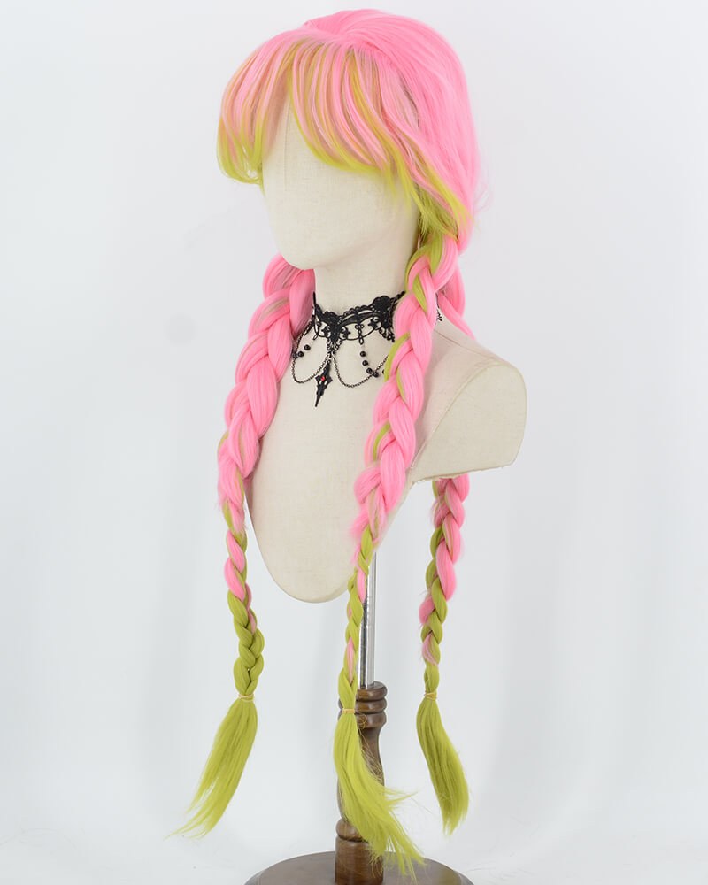 Mitsuri Kanroji Cosplay Pink Green Long Braided Synthetic Wig HW877 — view 3
