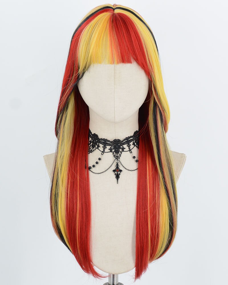 Yellow Red Highlights Black Synthetic Wig HW835 — view 1