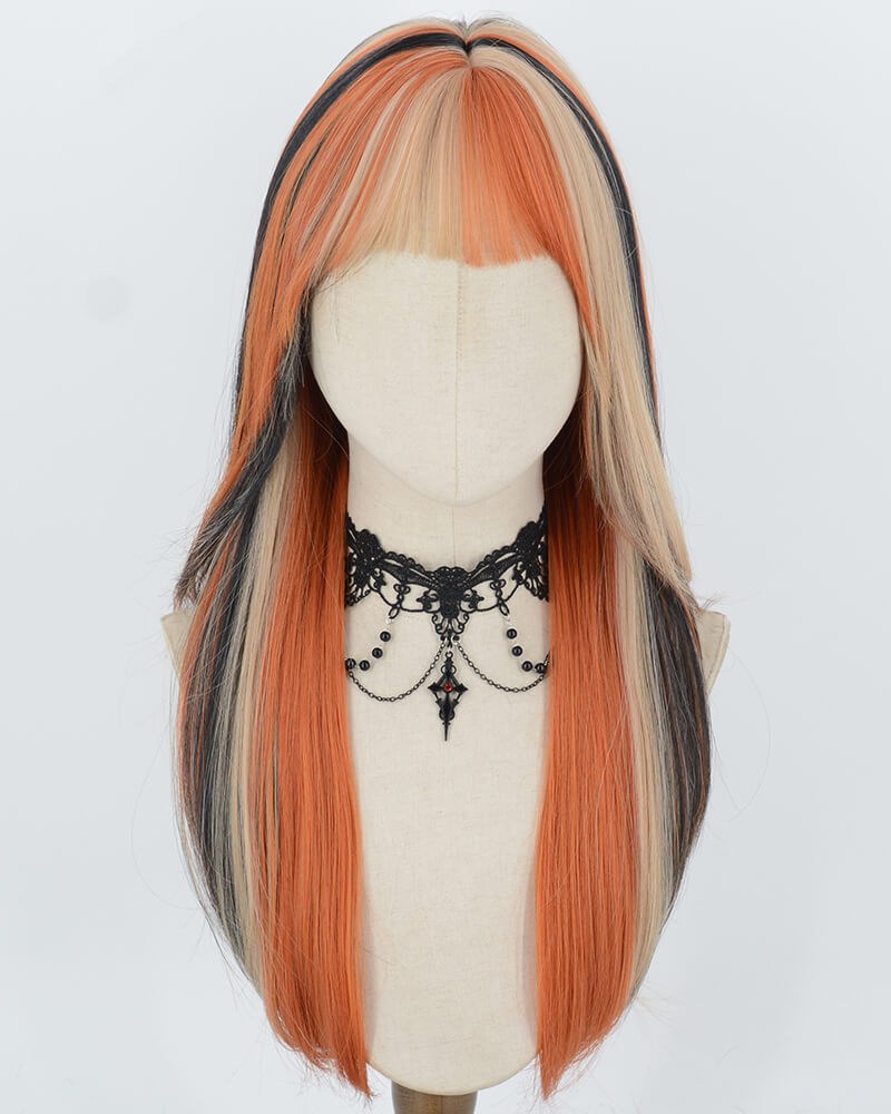 Orange Blonde Highlights Black Synthetic Wig HW844 — view 1