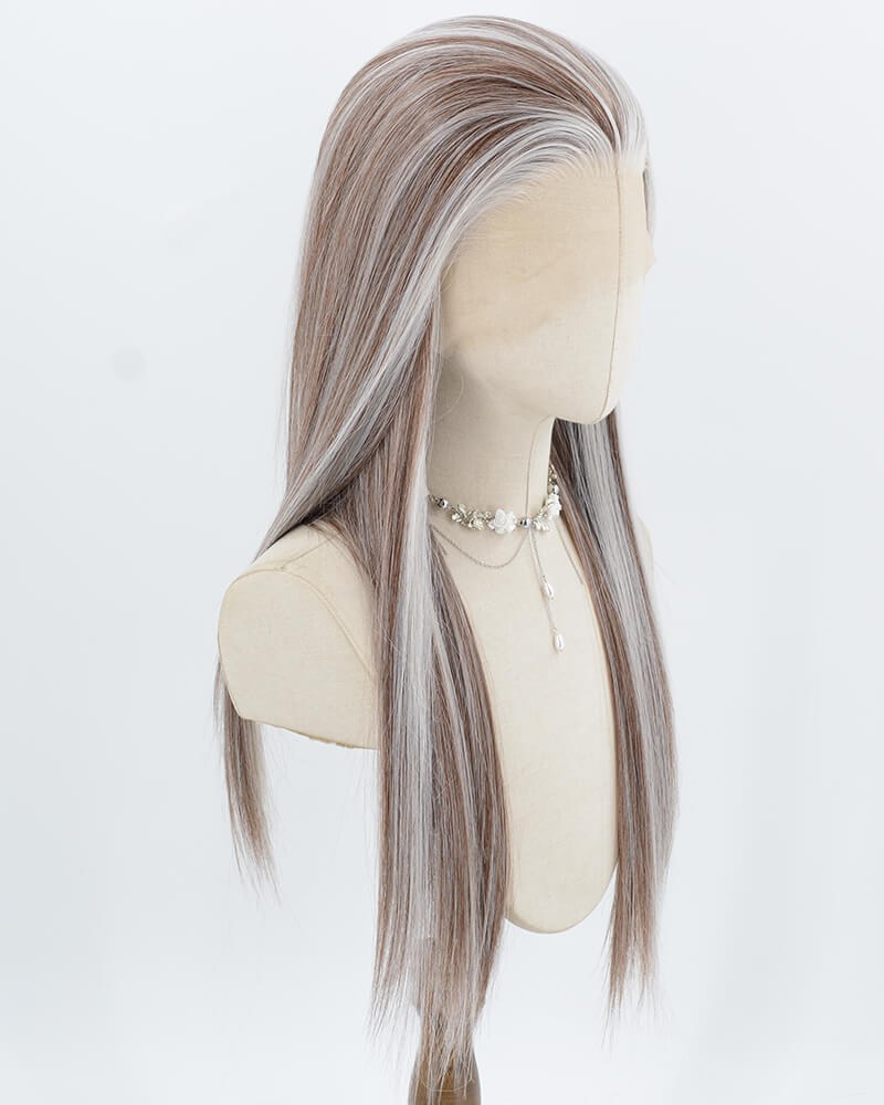 Brown Skunk Stripe Silver Synthetic Lace Front Wig WW1049 — view 2