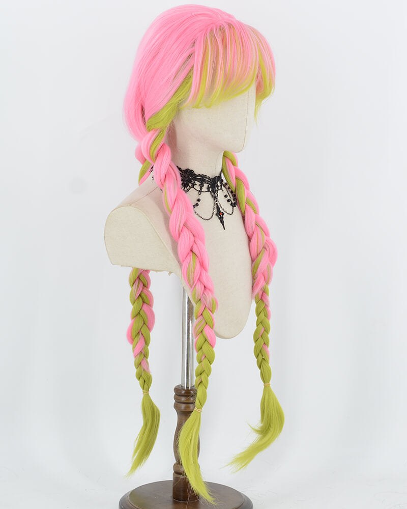 Mitsuri Kanroji Cosplay Pink Green Long Braided Synthetic Wig HW877 — view 2