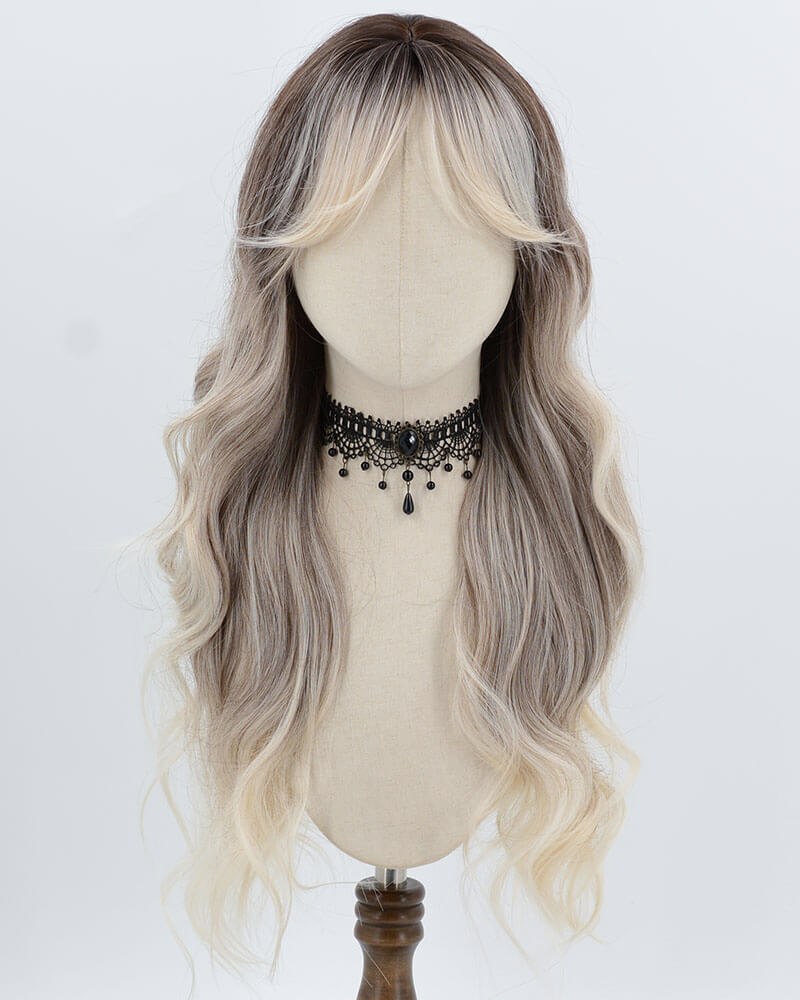 Ombre Brown White Blonde Curly Synthetic Wig HW788 — view 1