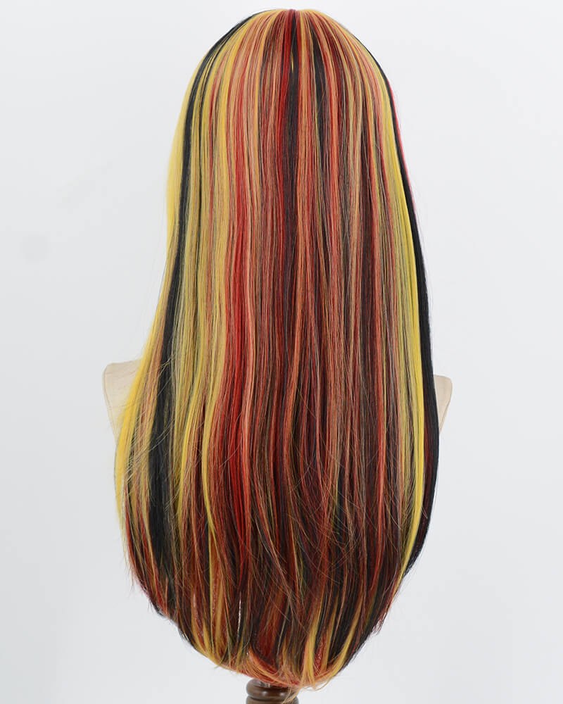 Yellow Red Highlights Black Synthetic Wig HW835 — view 3