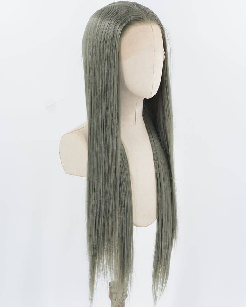 Grey Green Long Straight Synthetic Lace Front Wig WW919 — view 2