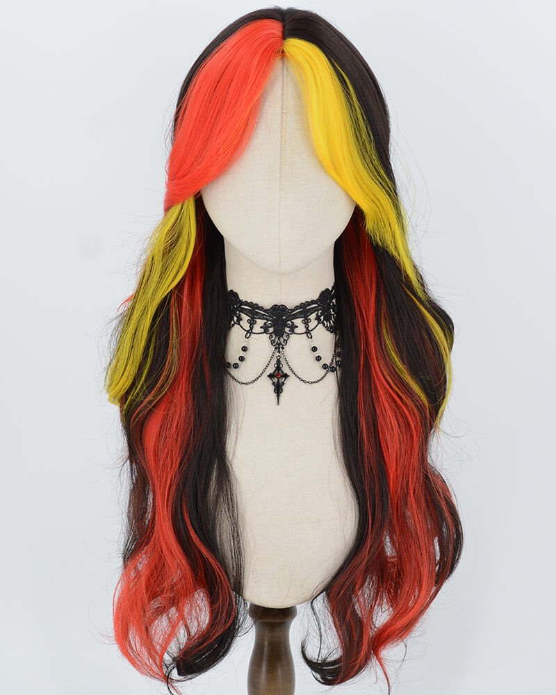 Red Yellow Black Wavy Synthetic Wig HW839 — view 1