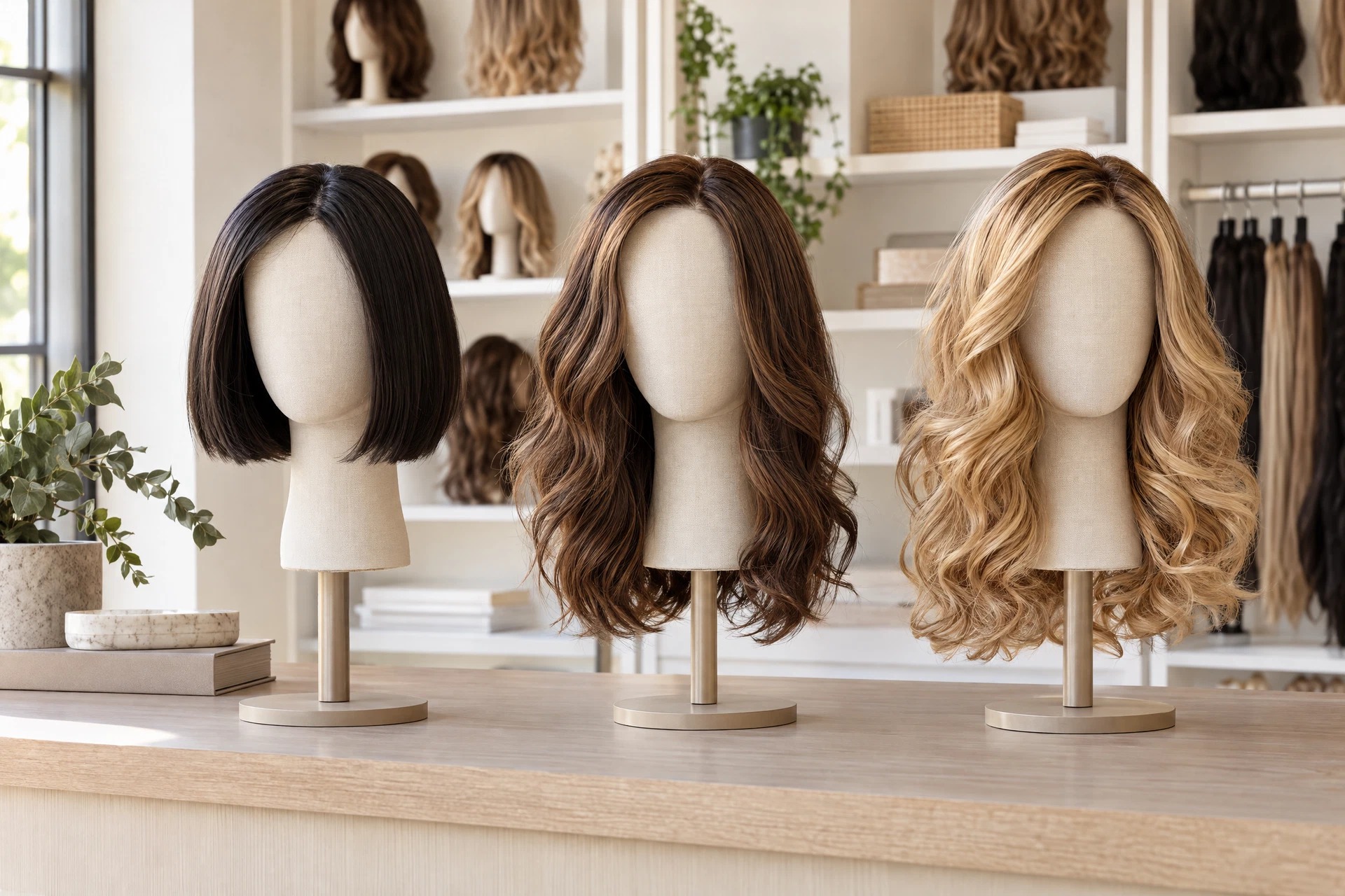 Illustrative wig merchandising display with three styles